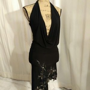 EUC Black Halter/Cowl Dress Floral accent